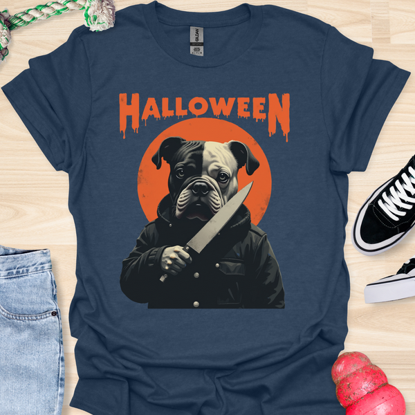 Halloween - V2 - Black and White Bulldog Face T-Shirt